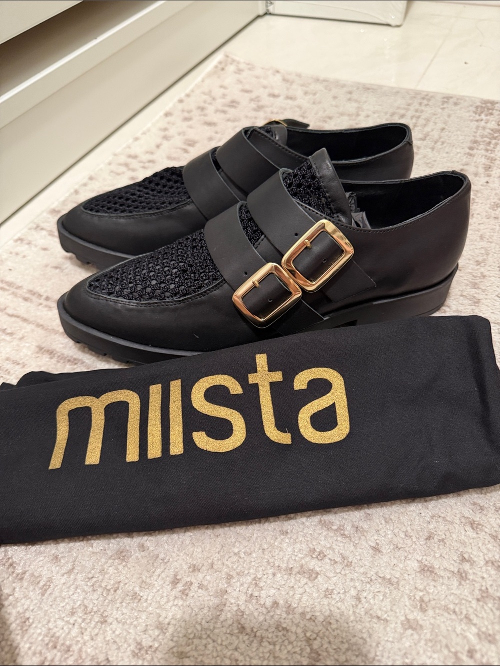 Miista Black Leather & Knit Buckle Loafers with Gold Hardware